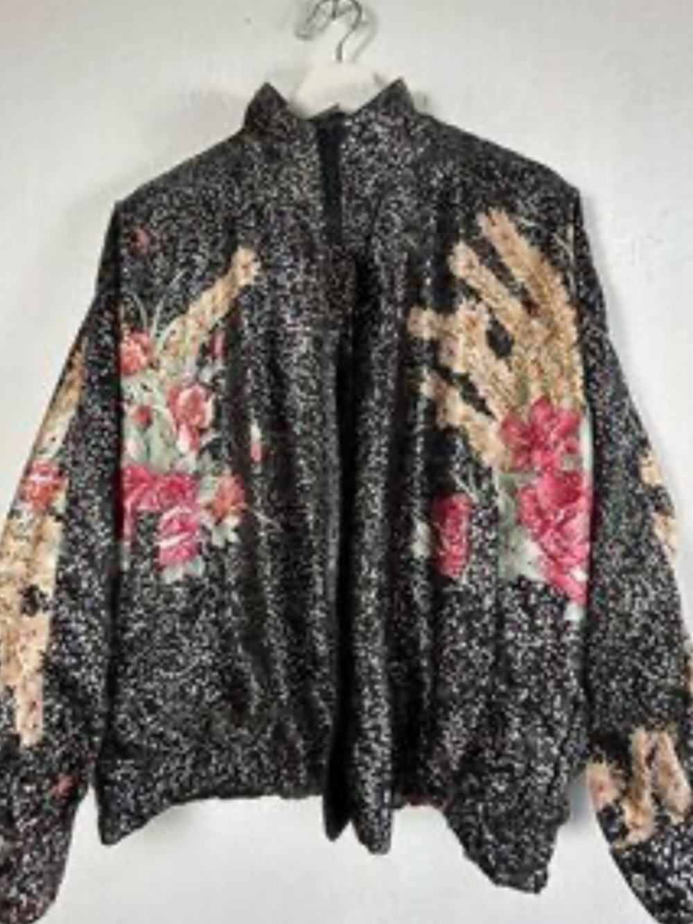 Jella Couture Vintage Reversible Black Floral Shimmer Bomber Sweater
